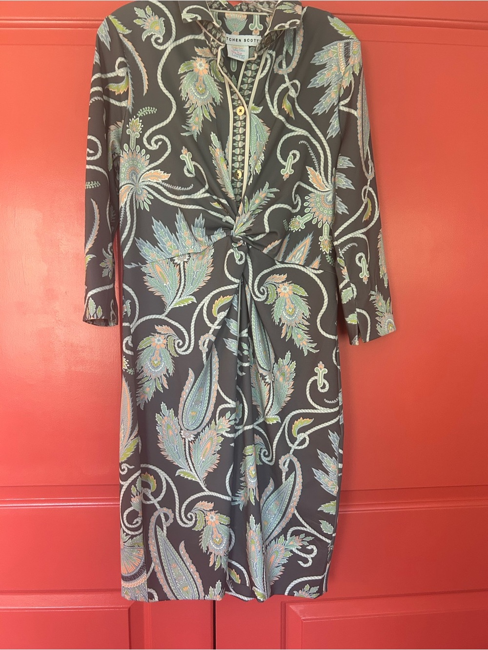 Gretchen Scott Designs Gray Paisley Knot-Front Midi Dress with Pastel Accents